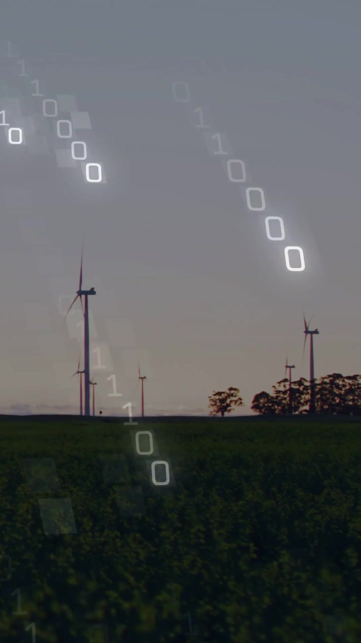 Video verticale: Sovrapposizione binaria in streaming che scende su un cielo rurale sopra le turbine eoliche, con il sole che si affievolisce.