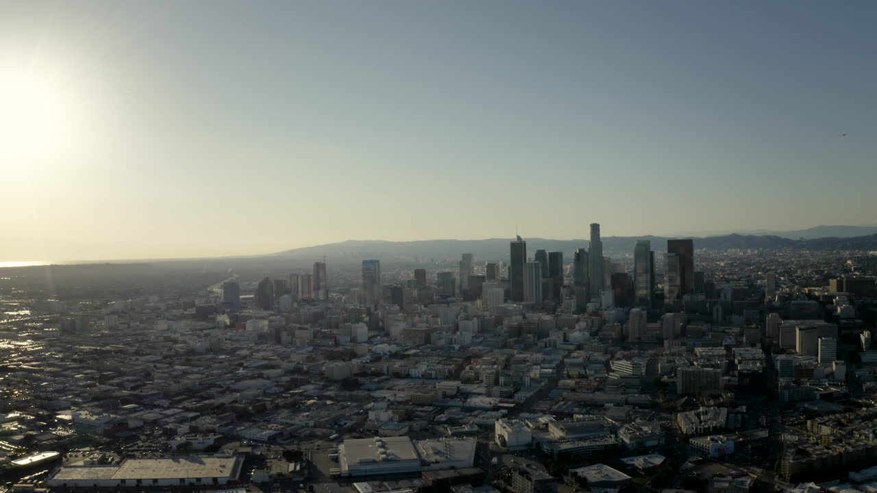 Aerial View of Los Angeles Skyline at Sunset