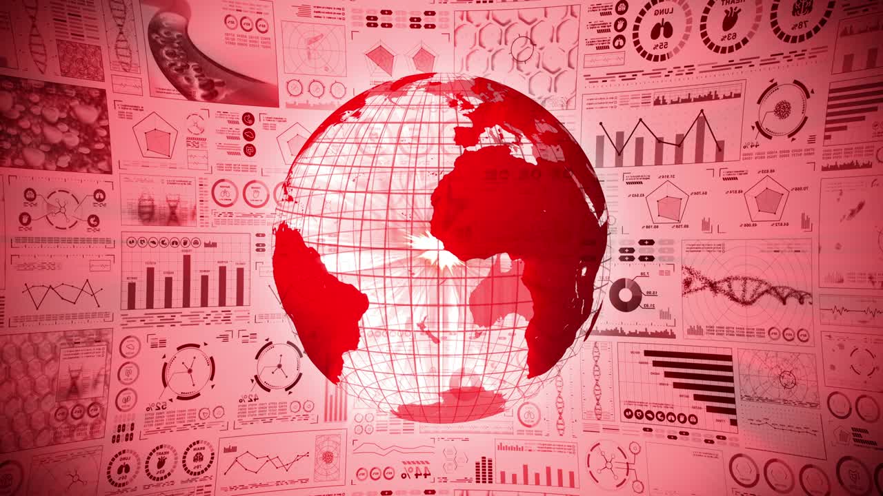 pandemia de infección. tierra global con puntos rojos de infección. holograma médico elementos de datos digitales gráfico. control infeccioso. vírus de curación. animación en bucle.