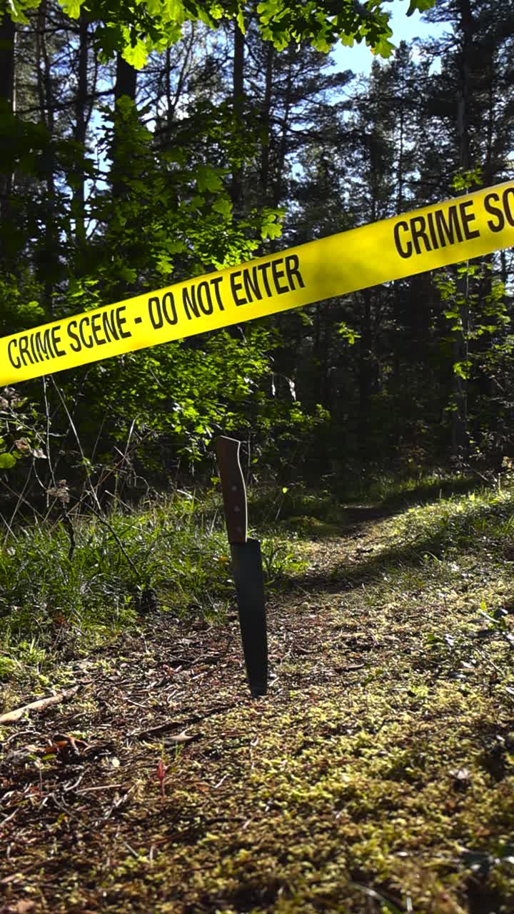 Close up low angle view of a shinky kitchen knife stabbed in a forest hiking road while a yellow police line investigation forensics Crime Scene tape hanged above it and sunslight backlits it. Bokeh