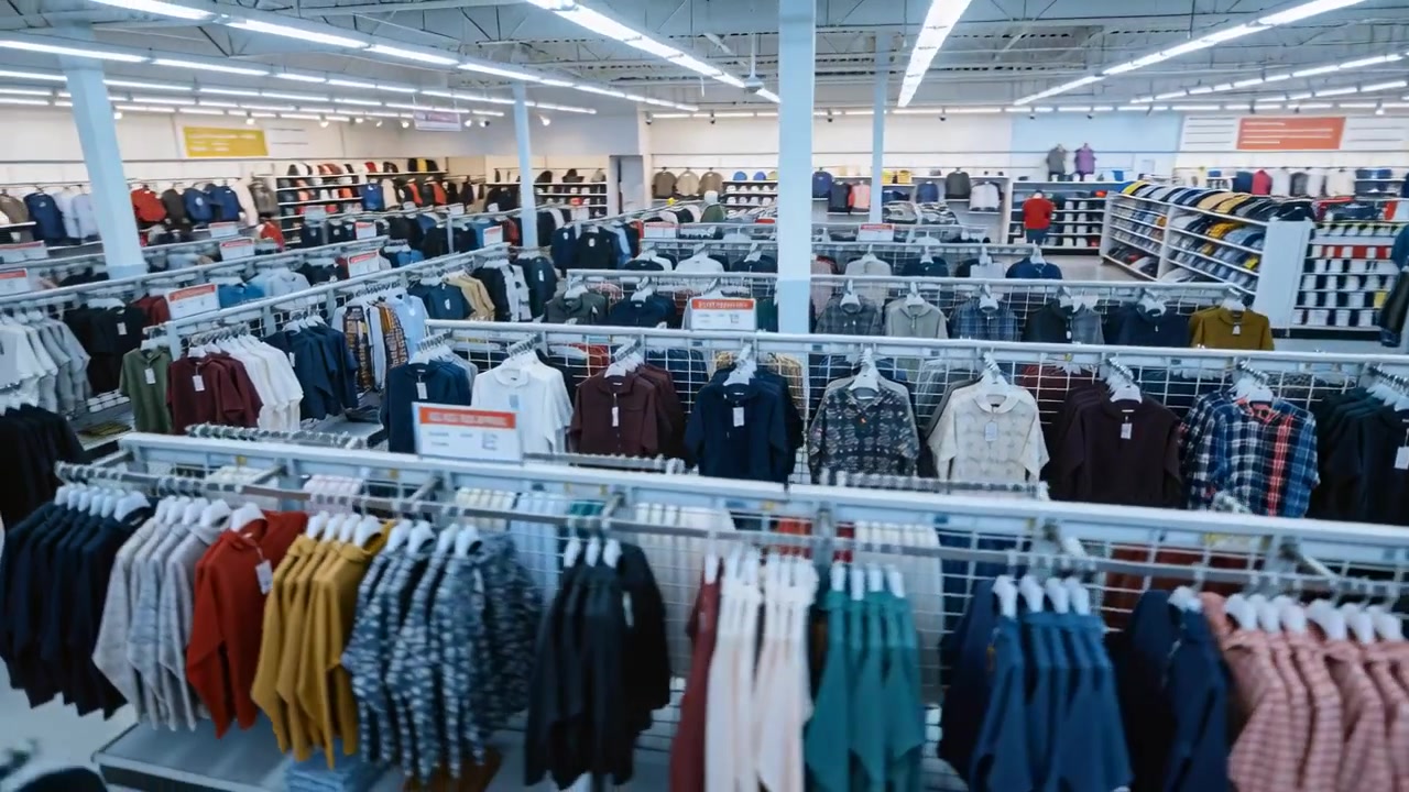 Panning camera sweeping across racks at retail store, revealing organized shirts and price tags