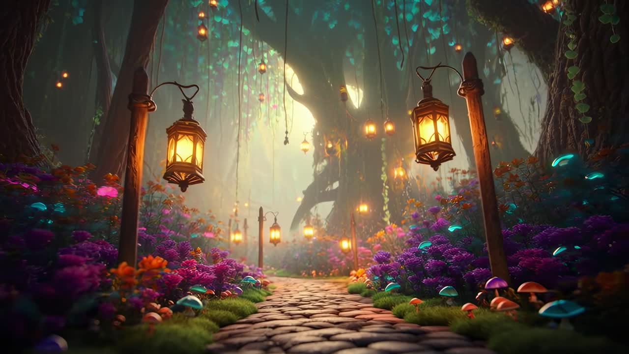 Betagende skovsti med glødende lanterner, farverige blomster; low-engel, fantasy-videostil