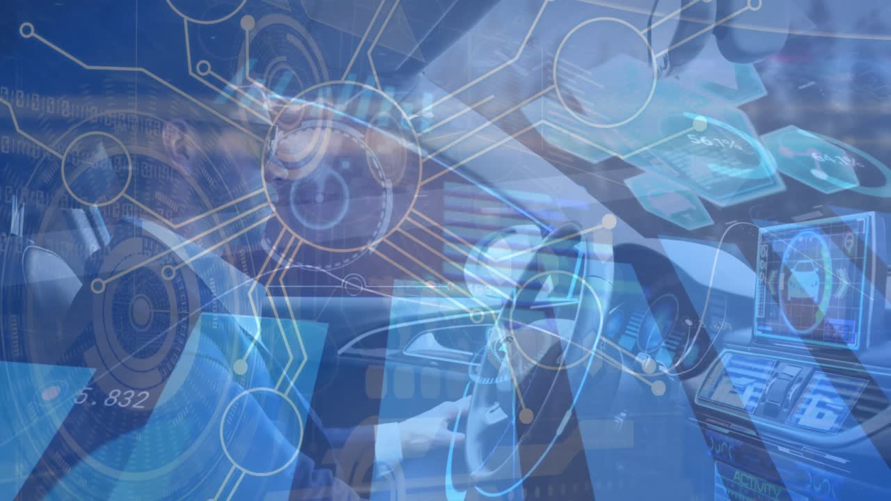 코카시안 남자가 차를 운전하는 연결 및 그래프의 애니메이션