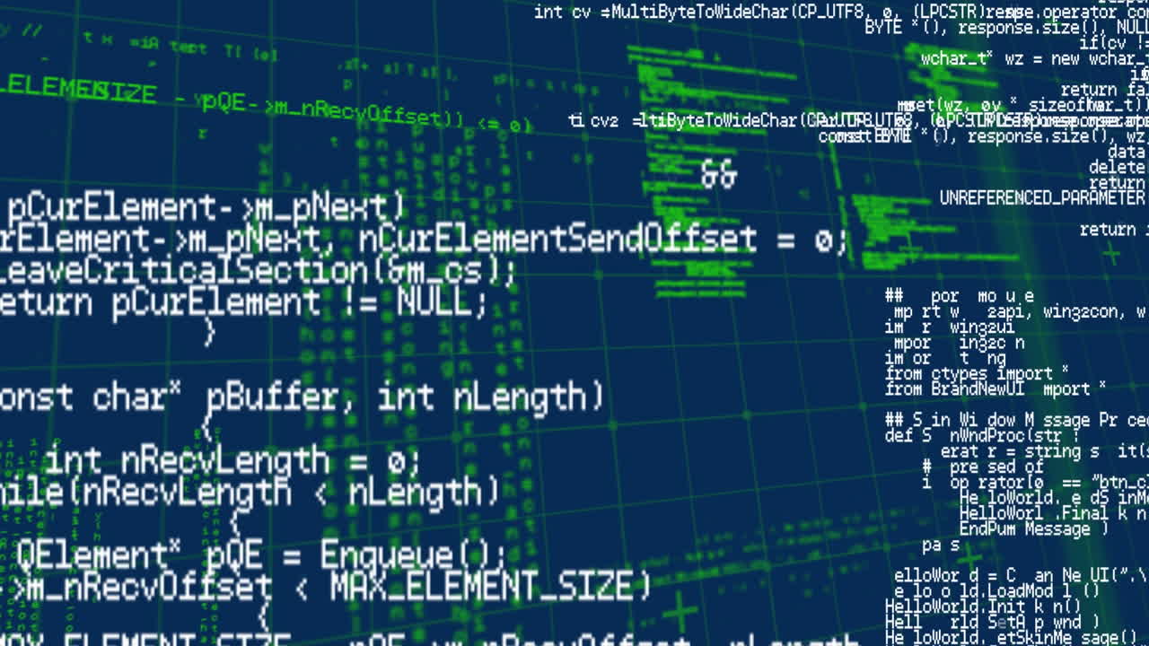 Animation of data processing over grid on blue background