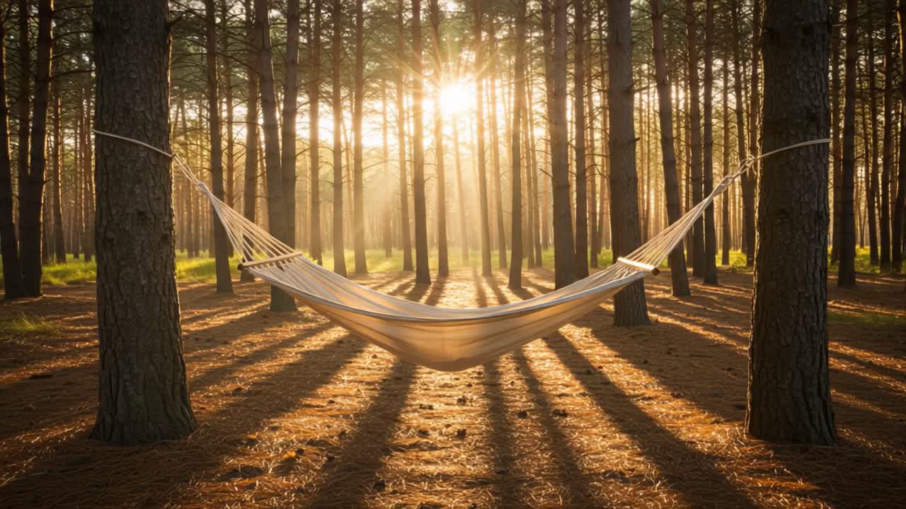 A Serene Hammock Nestled Among Towering Pines, Bathed in Golden Sunlight, Offers a Perfect Retreat for Relaxation and Reflection in Nature's Embrace