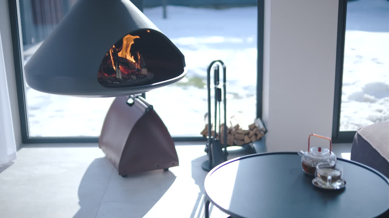 Modern Hanging Fireplace with Burning Logs in a Cozy Living Room