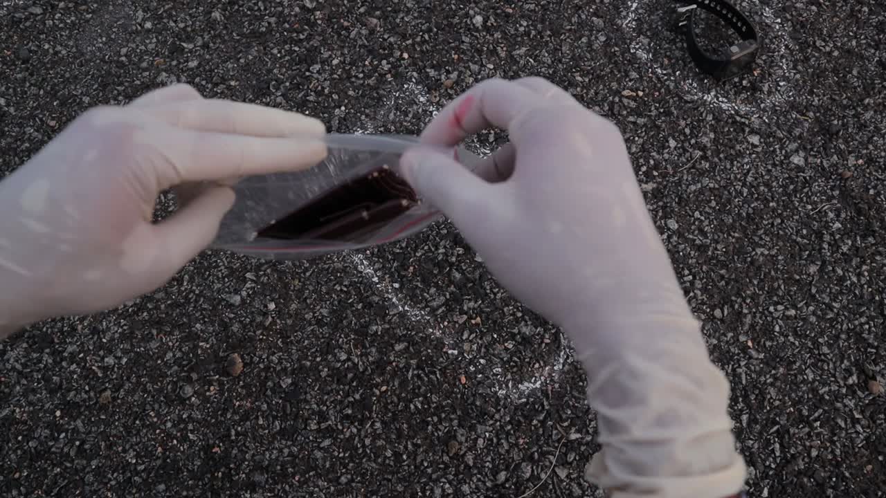 concepto de escena del crimen o investigación de accidentes de tráfico, toma de punto de vista o toma de manos recolectando evidencia como una billetera y ver en una bolsa de evidencia cerca del lugar del asesinato en la carretera