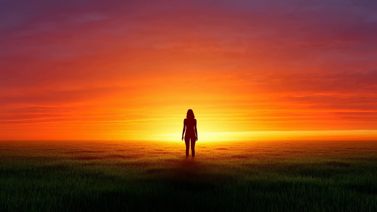 Silhouette di una donna in piedi in un campo al tramonto