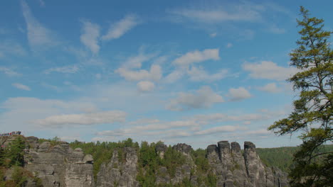 Mountains Elbsandsteingebirge Sachsen Elbe sandstone formations rising above dense green forests under a blue sky with scattered clouds, showcasing the region’s natural beauty and rugged Terrain