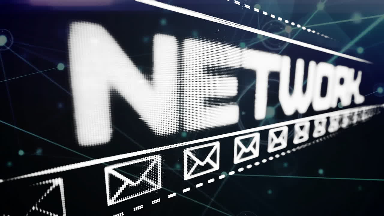 Animazione del testo "social network", buste e punti collegati su sfondo astratto