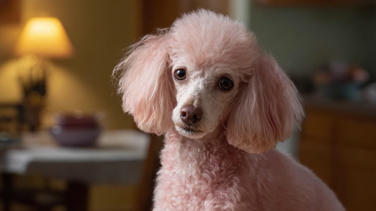 Adorabile barboncino rosa ripreso in un ambiente domestico accogliente, che mette in mostra tratti distintivi e una personalità unica in due fotogrammi di un video commovente