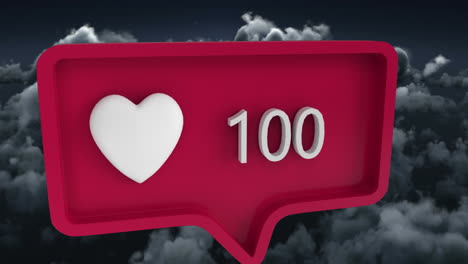 animación del icono del corazón con números en la burbuja del habla sobre el cielo y las nubes