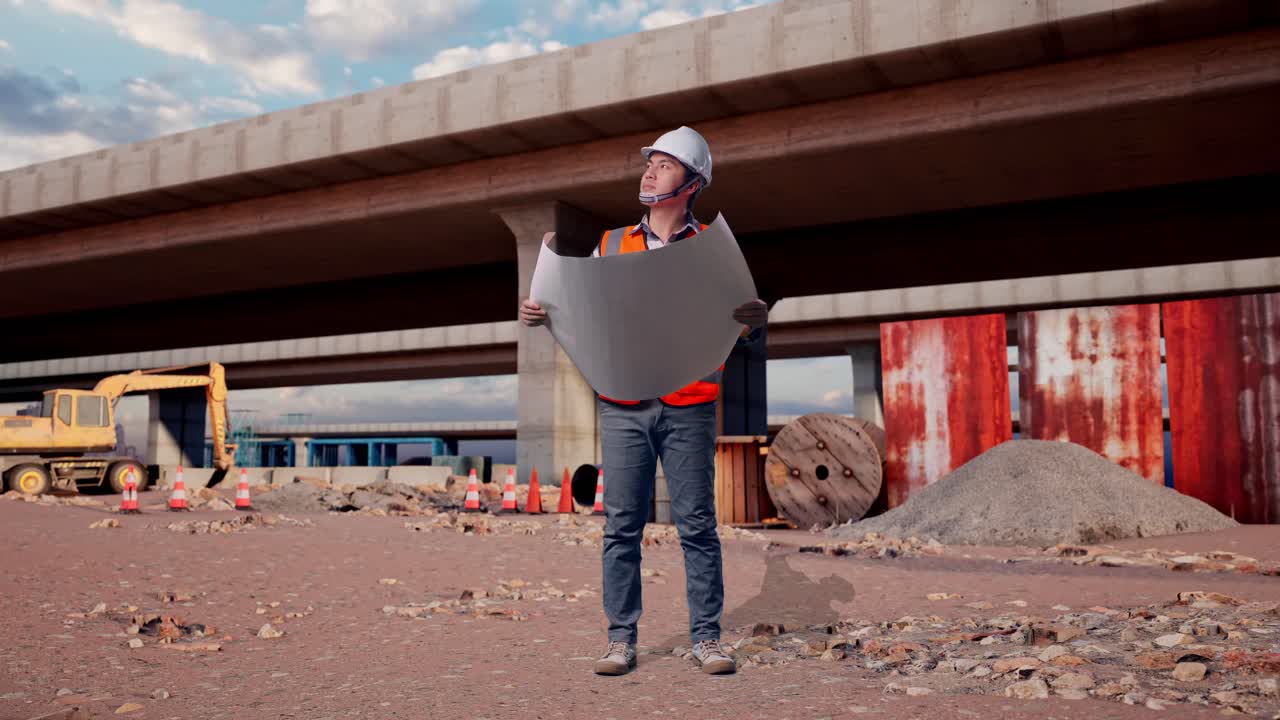 Full Body Of Asian Male Engineer With Safety Helmet Looking At Blueprint In His Hands And Looking Around While Standing At The Site of Highway Construction