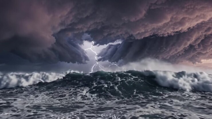 Trasformazione Drammatica di un Paesaggio Oceanico Tempestoso: Un Viaggio da Onde Caotiche a Calma Misteriosa Sotto Nuvole Minacciose, Catturato con Dettagli Mozzafiato