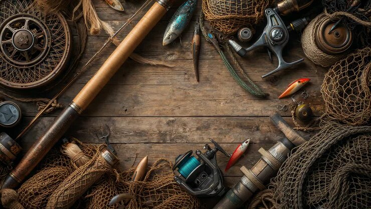 Pulling camera revealing centered tackle on worn tabletop, showing rods reels nets textures