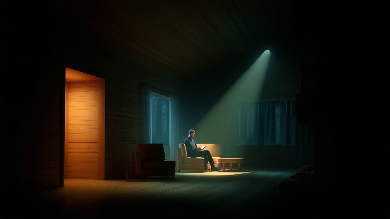 A solitary figure sits in a dimly lit room, illuminated by a beam of light from a window, reflecting contemplation and introspection in a serene yet mysterious atmosphere