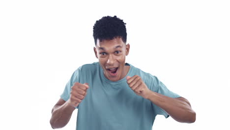 success, dance and thumbs up with face of man