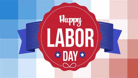 Animation-of-happy-labour-day-badge-with-american-flag-on-red,-white-and-blue-pixels