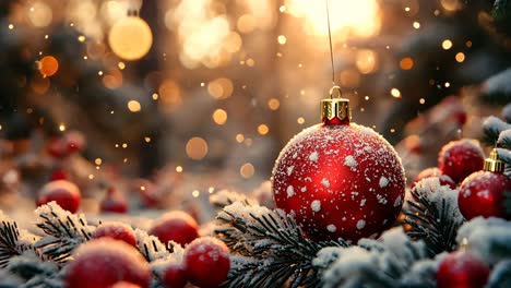 festive red ornaments on snow-covered pine branches during sunset