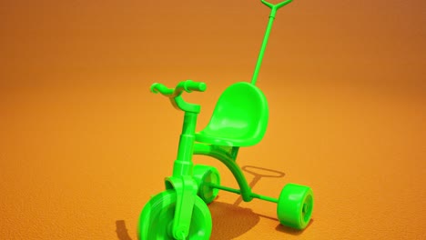 3D-green-toddler-tricycle-on-orange-background,-3D-animation,-camera-zoom-out-slowly