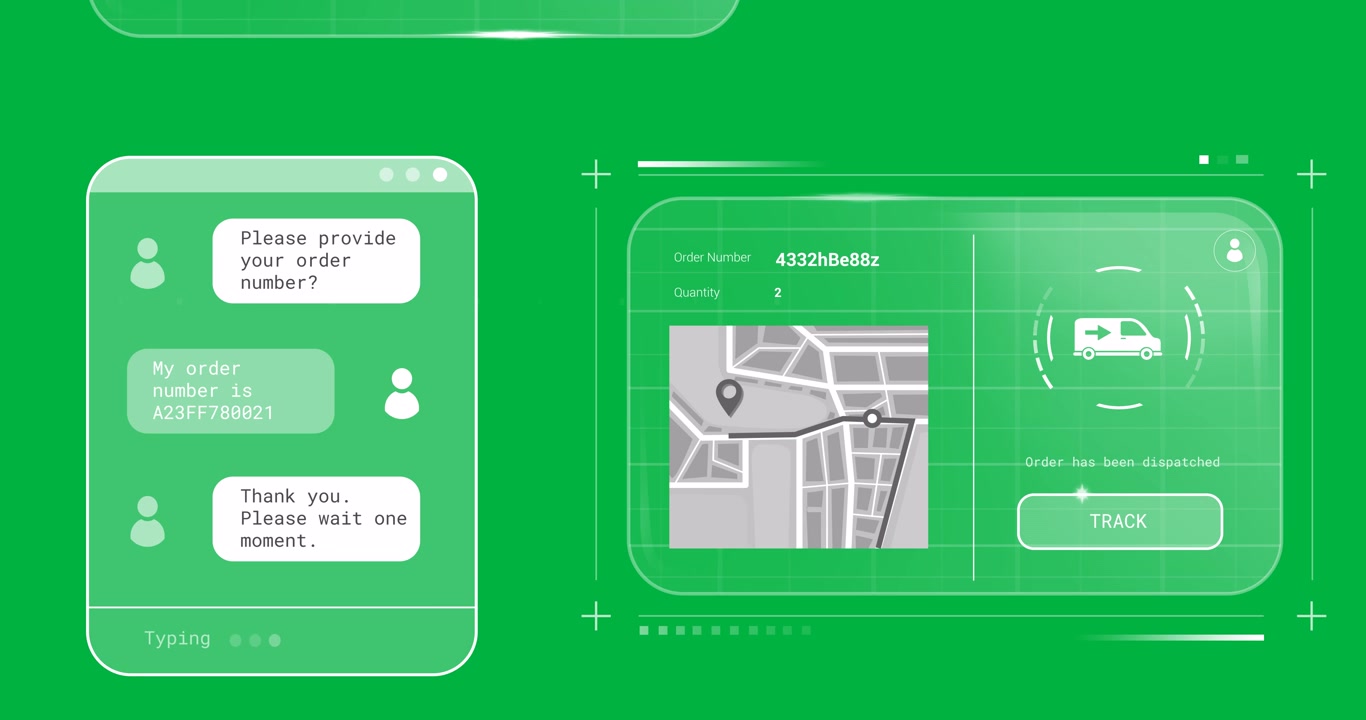 Animation of customer account, order, delivery and status data screens on transparent background