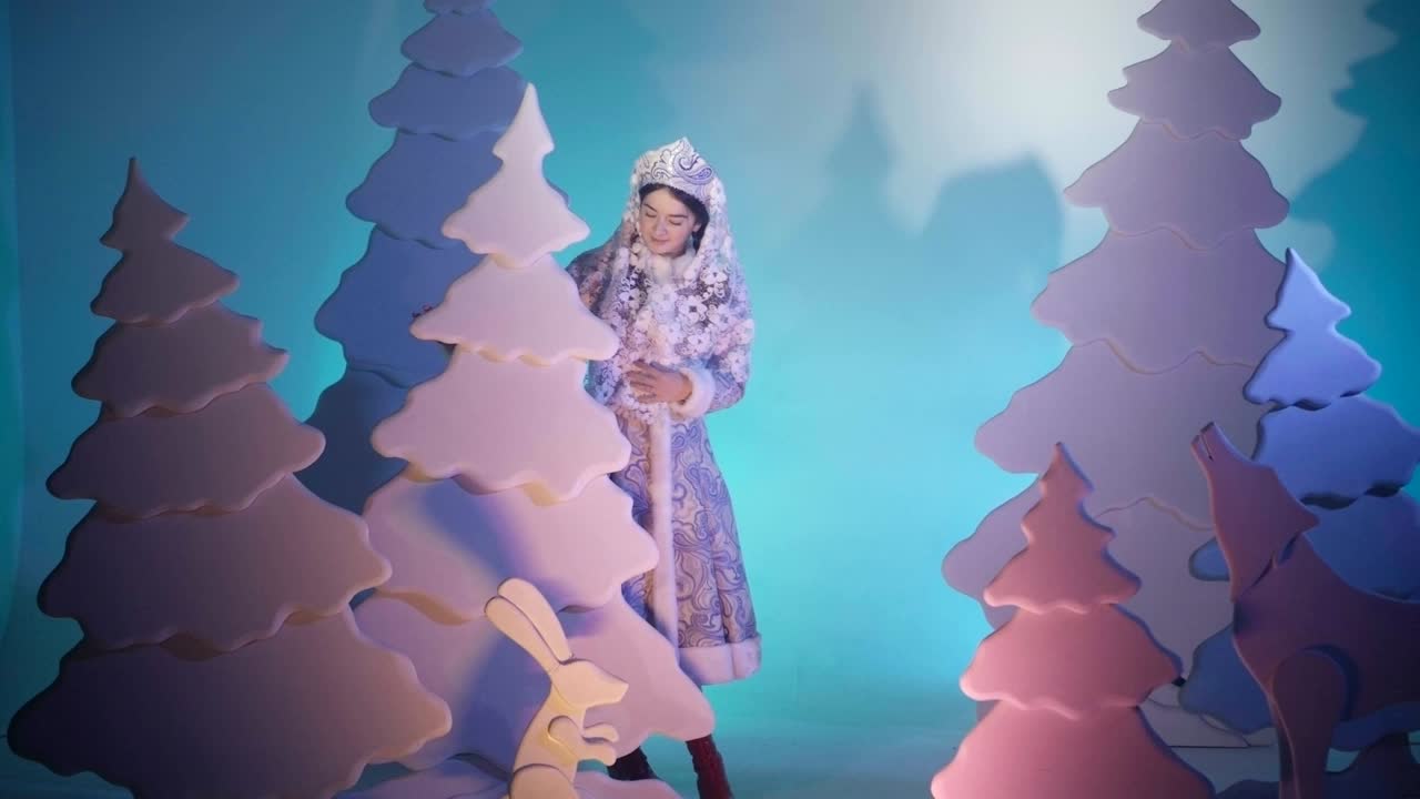 Girl Snow Maiden is walking in fairy tale forest