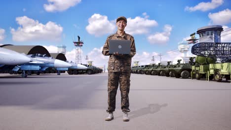 military officer using laptop at airbase