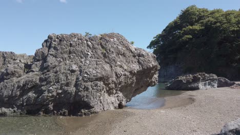 Huge-Stone-at-the-Coastline-of-Obama-Beach,-Japan-in-Summer,-Japanese-Sea-Shore