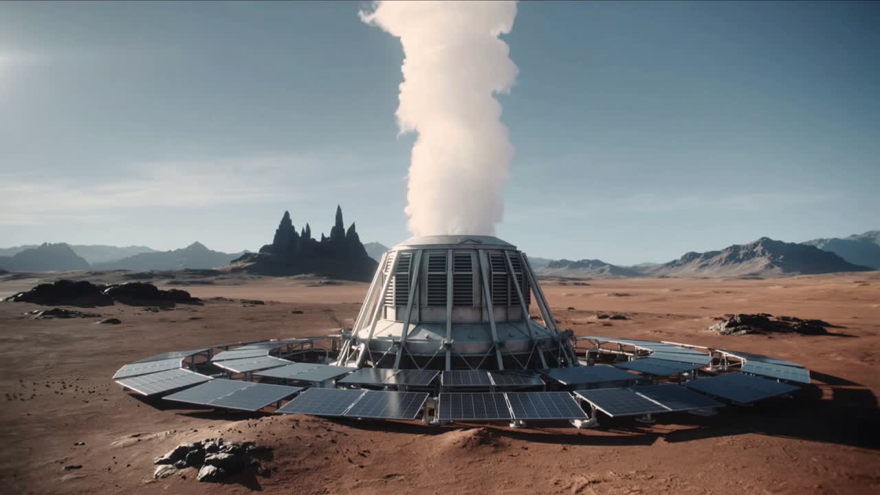 Opening vent causing dome structure releasing white vapor column on arid plain, with solar panels