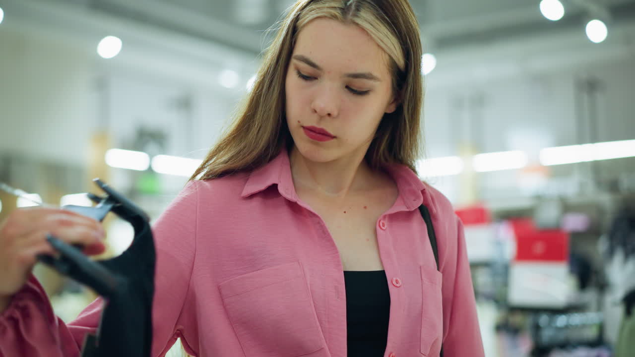 dama en camisa rosa con una bolsa negra observa cuidadosamente tela negra en su mano derecha dentro de centro comercial brillantemente iluminado, otras ropas y materiales están en el centro comercial, con luces vibrantes en el fondo