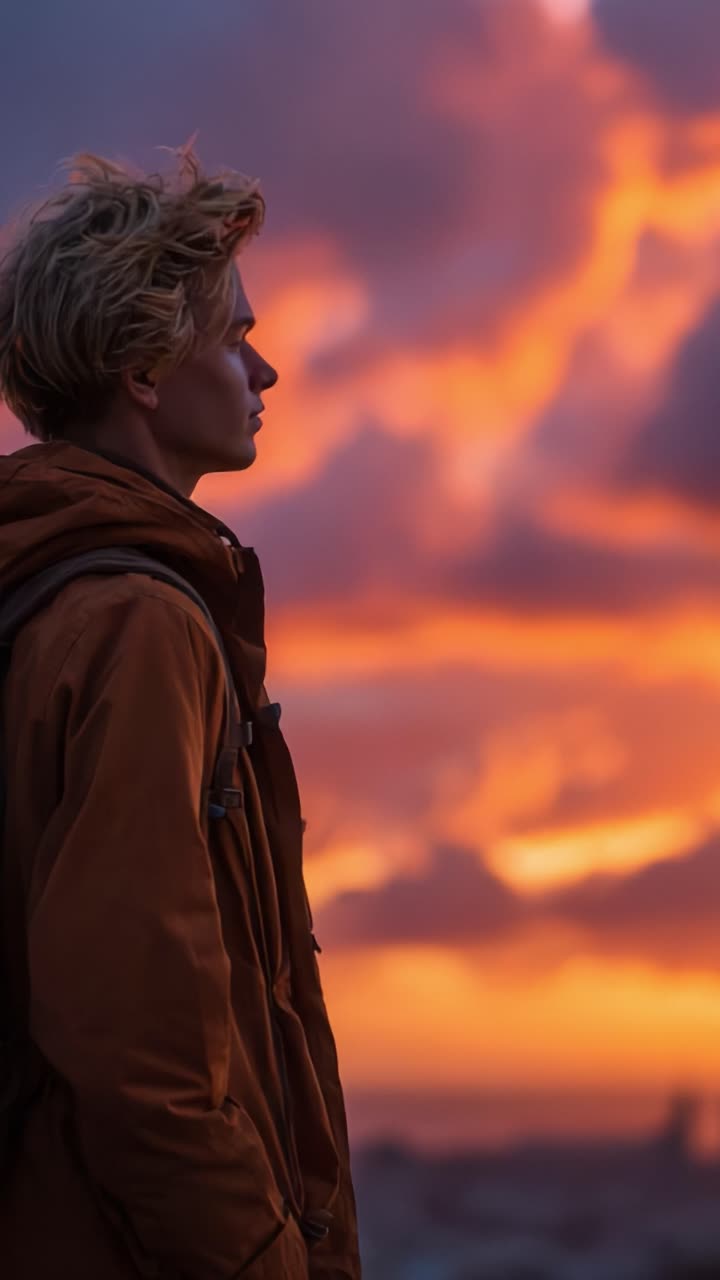Un momento contemplativo al tramonto, in cui una giovane persona si staglia sullo sfondo di vivaci nuvole arancioni e viola, incarnando tranquillità e introspezione