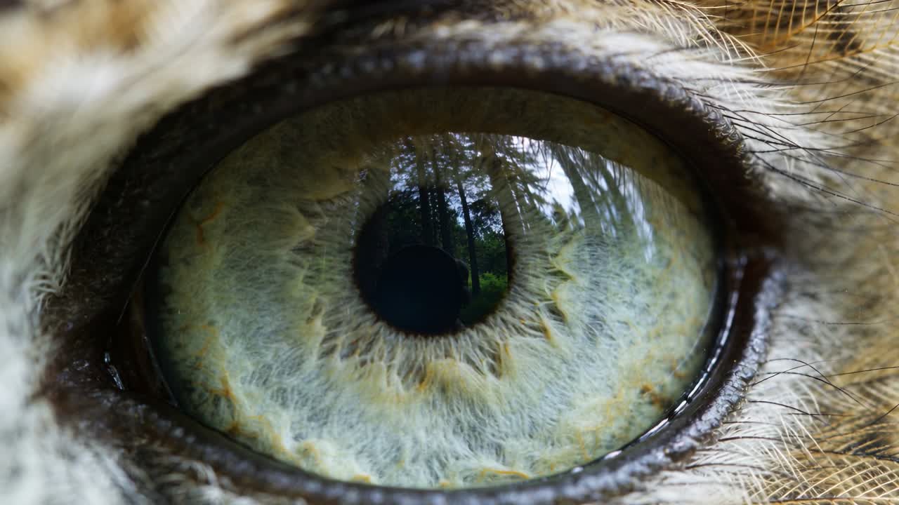Sich bewegende Kamera folgt Tierauge im Wald, zeigt Pupillenanpassung und sich bewegende Silhouette für eine Studie.