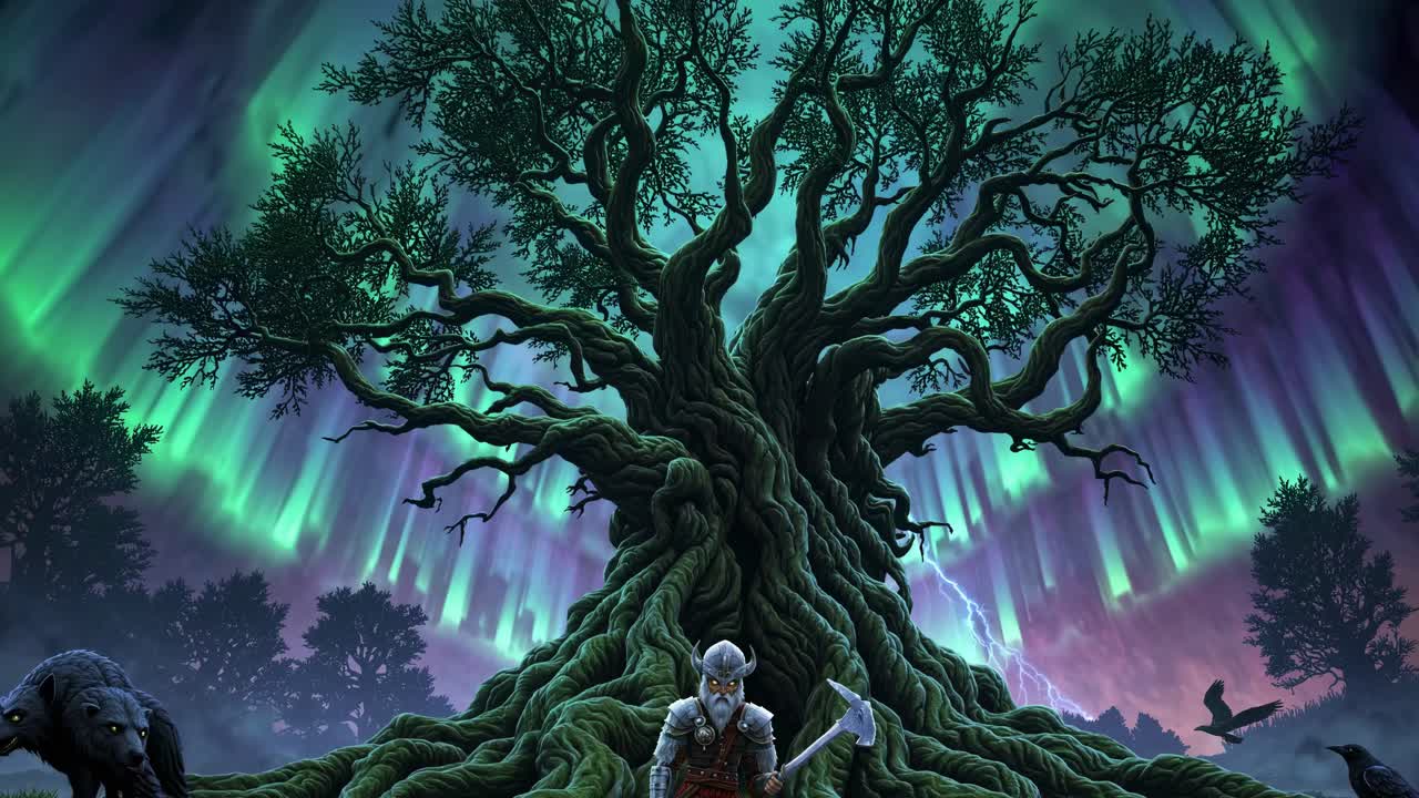 Epic fantasy scene with a warrior under a mystical tree, captured from a low angle