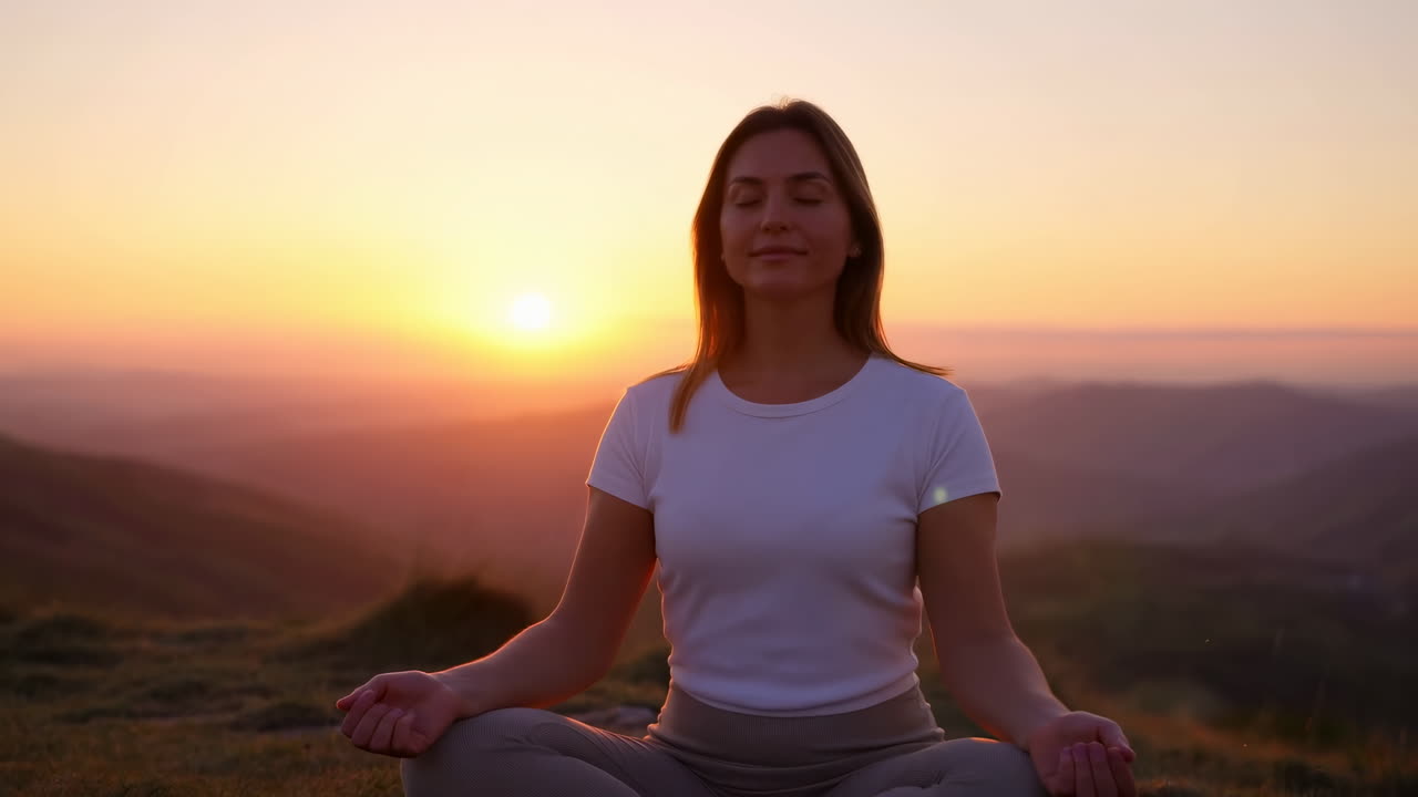 Mujer meditando en posición de loto al atardecer en la cima de una montaña