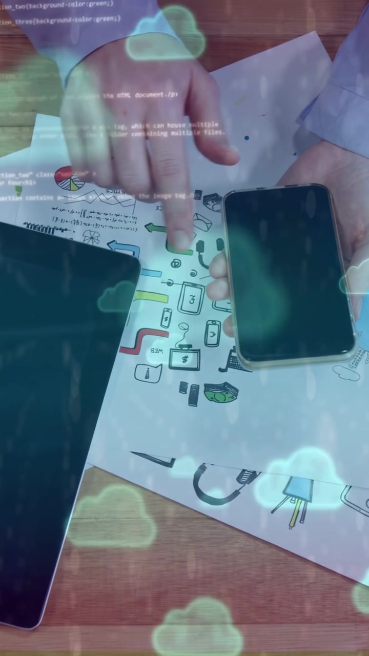 Vertical video: Left finger tapping phone hands touching tablet cloud code rising showing app demo