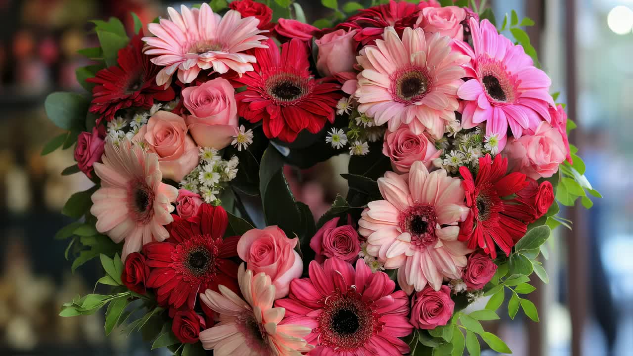 Delicate heart shaped floral arrangement blending pink and red gerberas with roses, symbolizing romantic sentiments and tender love for special occasions