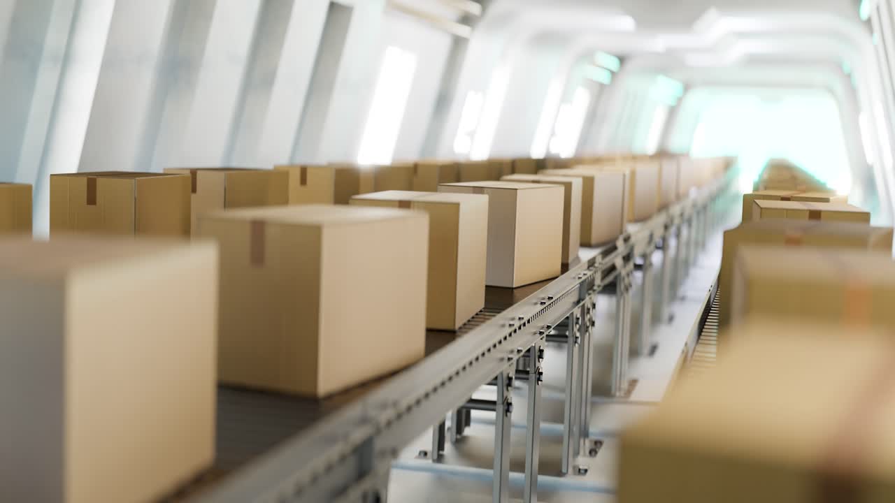 3D animation loop of carton boxes on conveyor system in modern factory