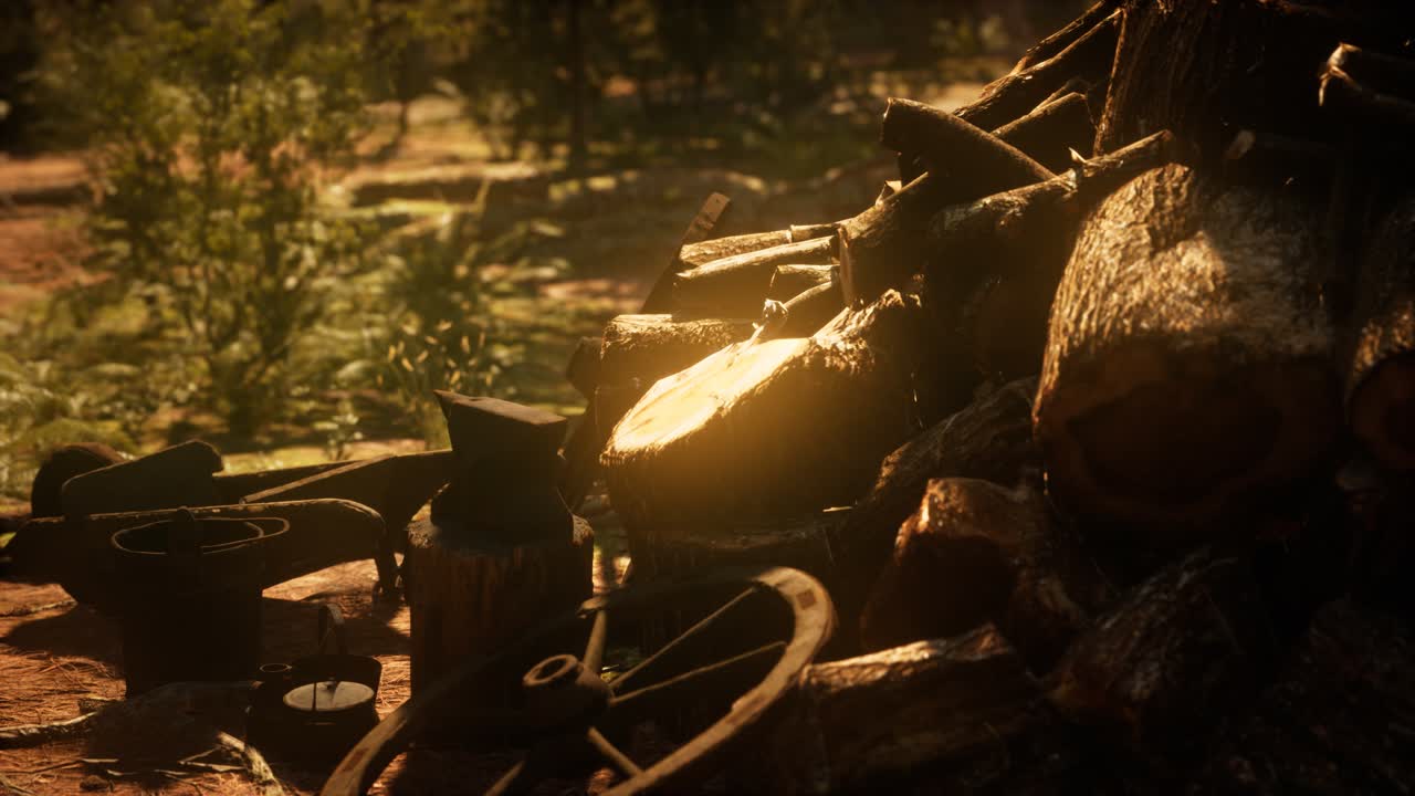 preparación de leña para el invierno en el bosque al atardecer