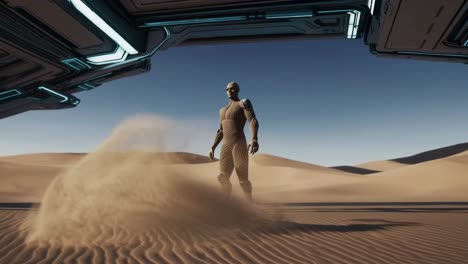wooden android in a desert landscape