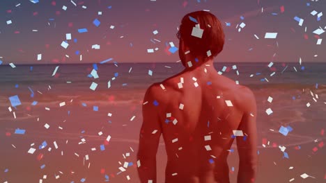 Animation-of-confetti-over-caucasian-man-at-beach