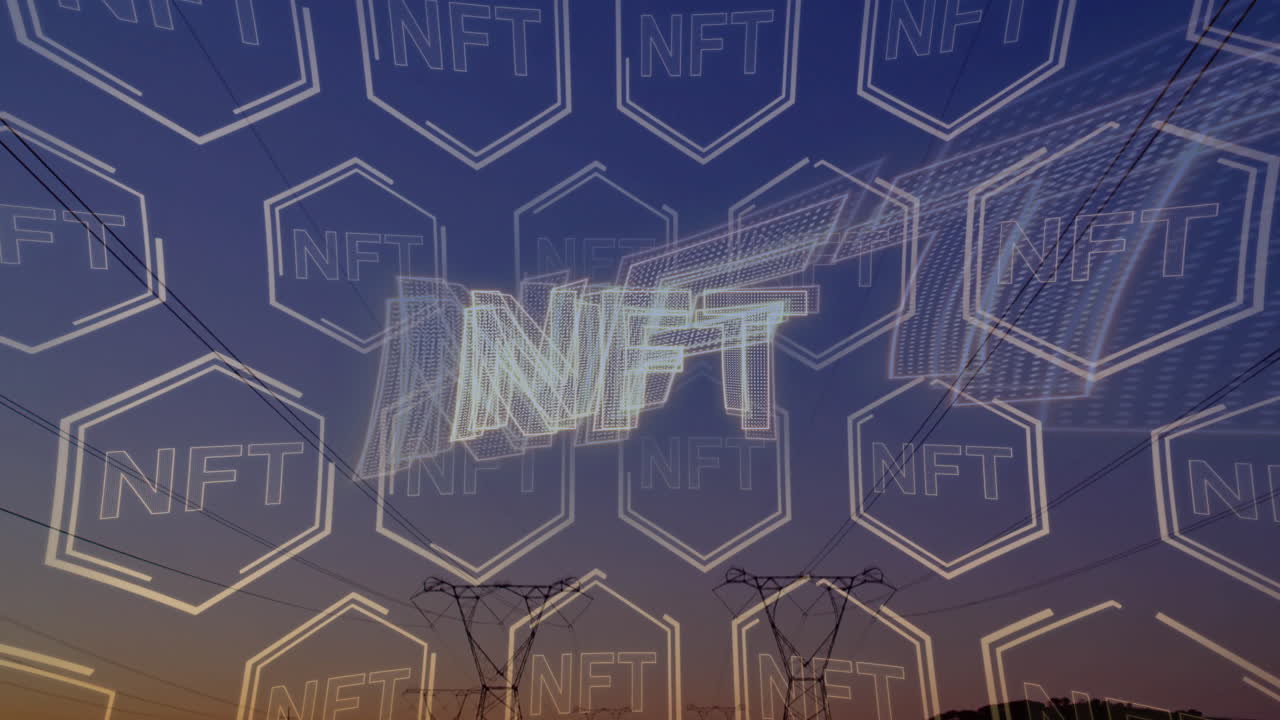 Glowing 3D NFT text floating over dusk sky while hexagon NFT icons hovering above steel towers