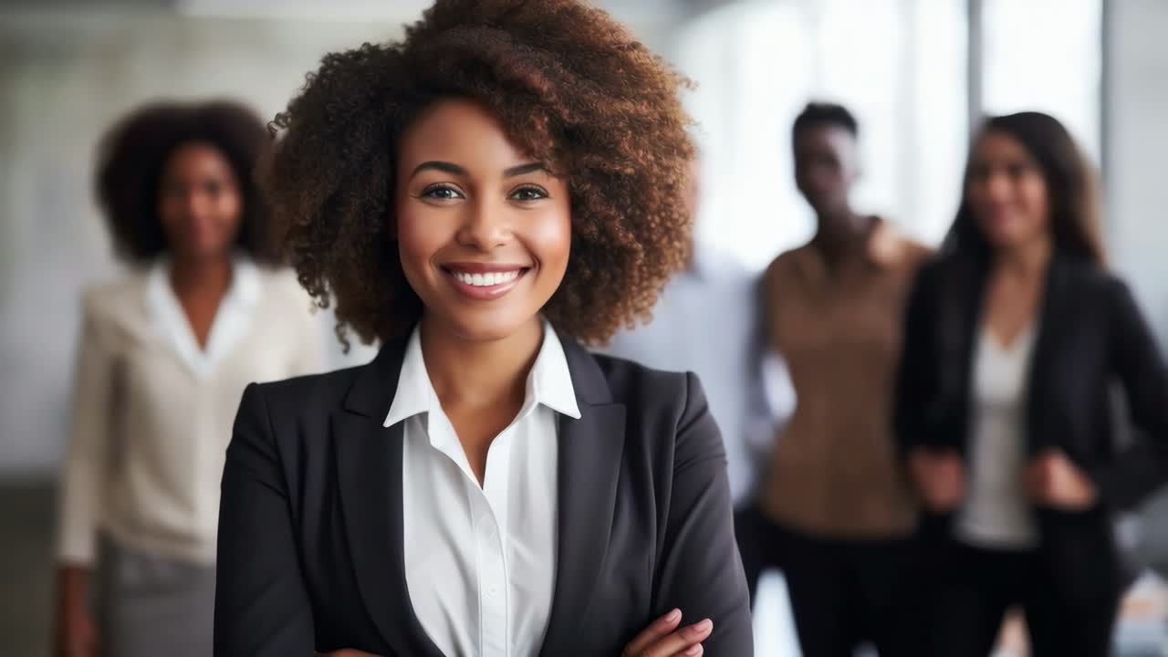 Empresária confiante em foco, sorrindo para a câmera, com colegas desfocados ao fundo.