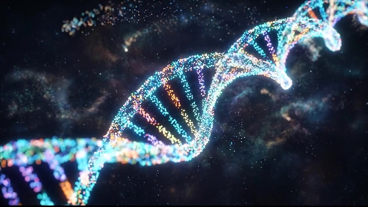 Vista diagonale di un nastro genetico di DNA rotante con coppie di basi multicolori
