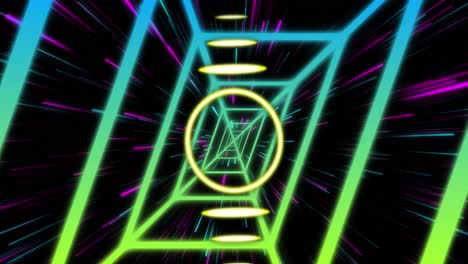 animación de un círculo de neón sobre una pantalla digital con túnel de neón y luces