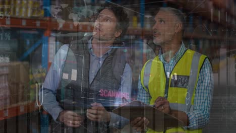 animación de gráficos financieros sobre trabajadores de almacén caucásicos varones