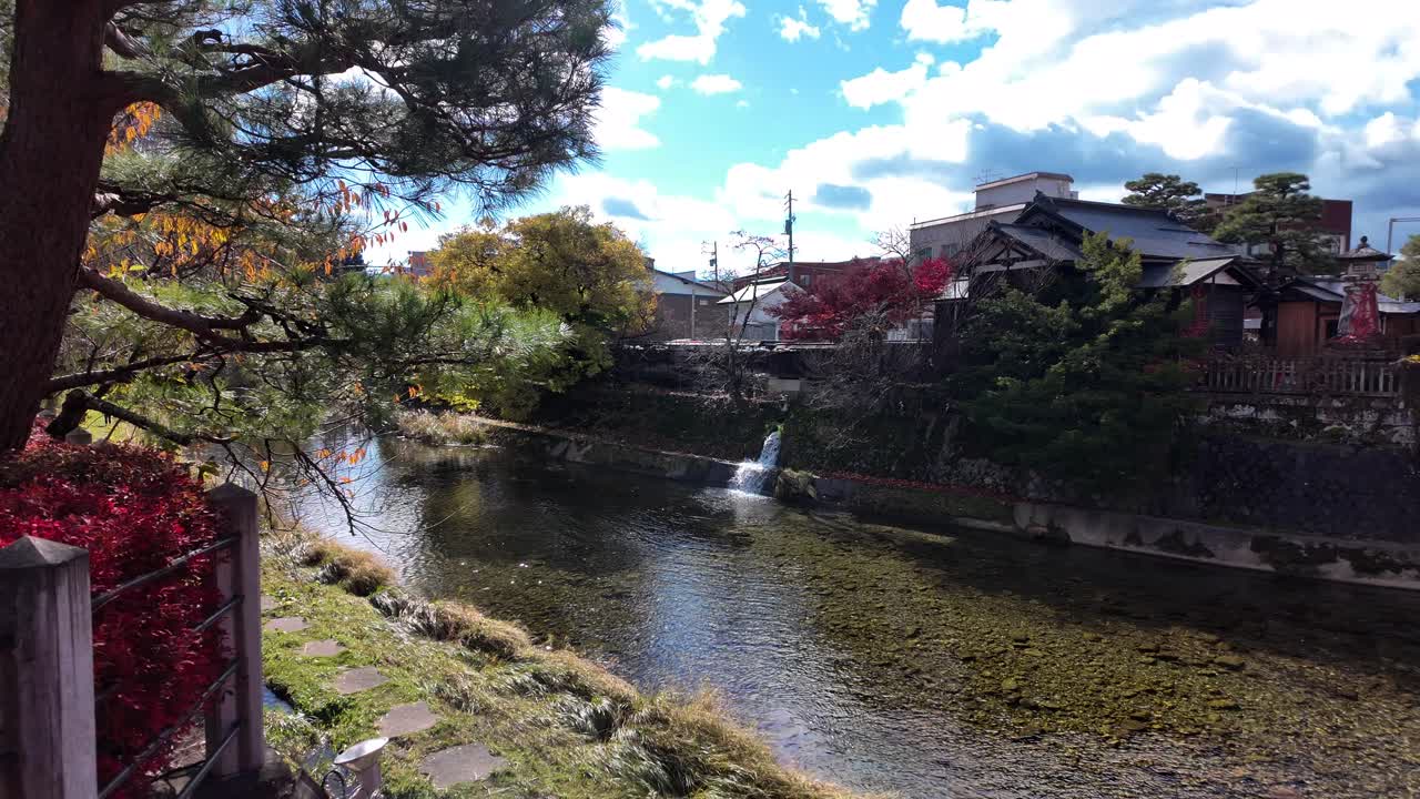 Autumn scenery featuring Miyagawa river, trees, and traditional houses in Takayama, Japan.