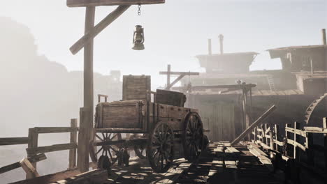 vintage western landscape with wooden cart and lantern