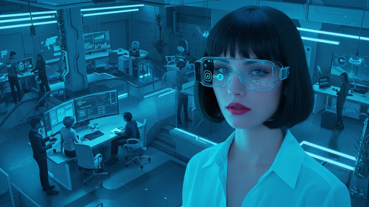 A futuristic scene featuring a confident woman in smart glasses set against a high-tech control room, symbolizing the blend of technology and human intelligence in modern environments