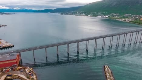 Bridge-of-city-Tromso,-Norway-Aerial-footage