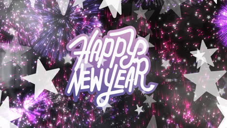 animación de texto de feliz año nuevo en blanco y púrpura con estrellas y fuegos artificiales rosados